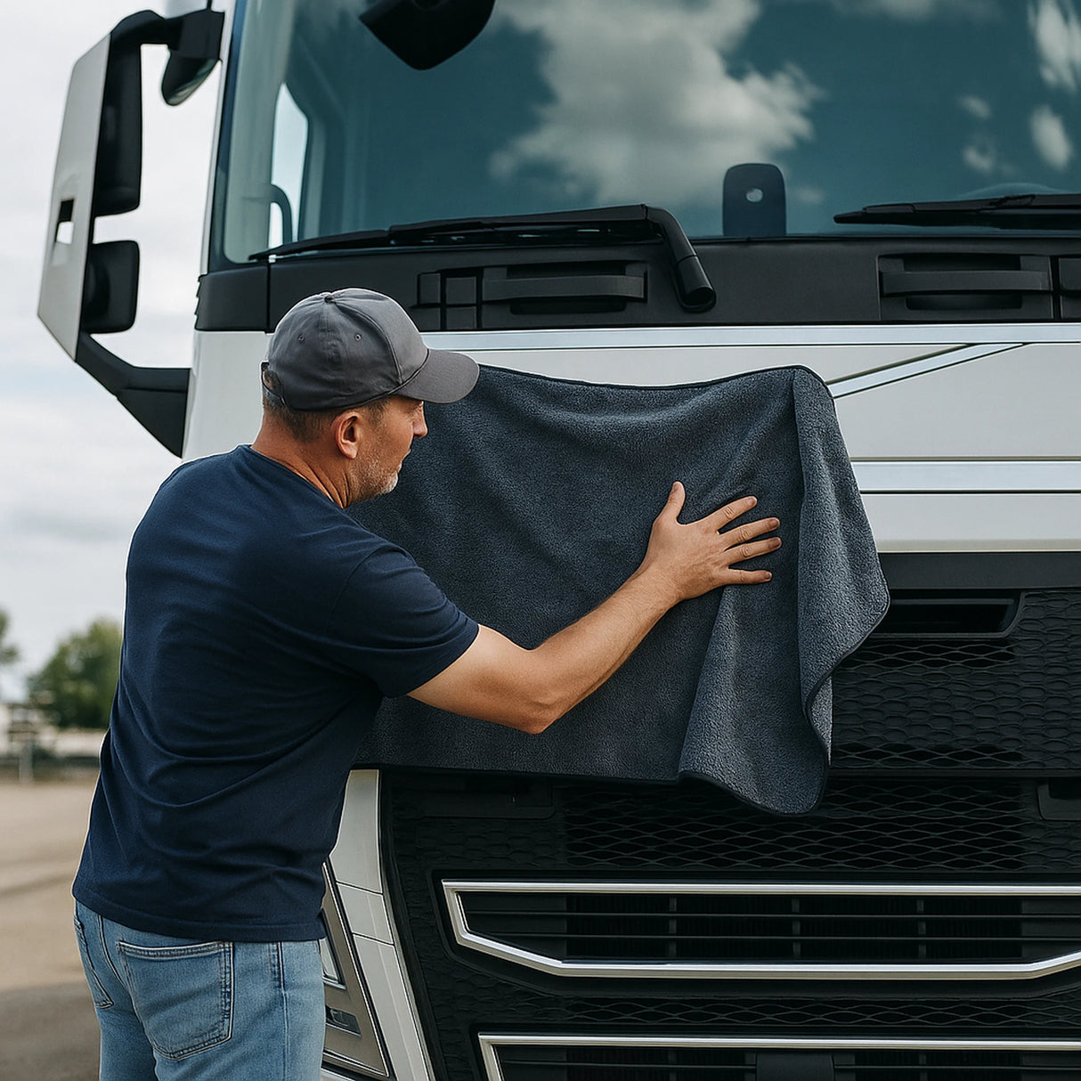 Close-up van XXL microvezel droogdoek 1×1 m op truckgrill – streepvrij, krasvrij drogen